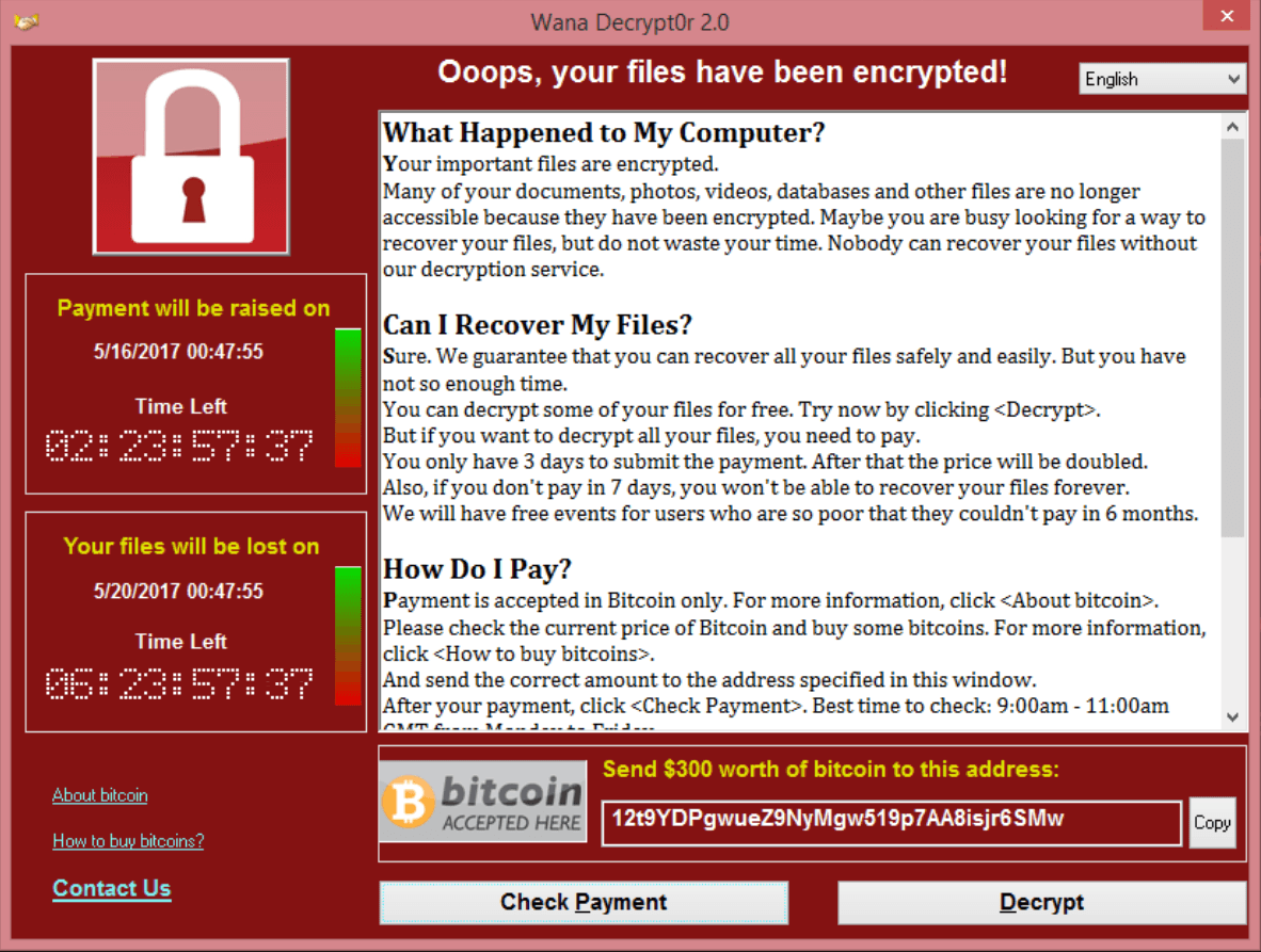 Ransomware Wannacry’s window, asking users to pay to recover their files